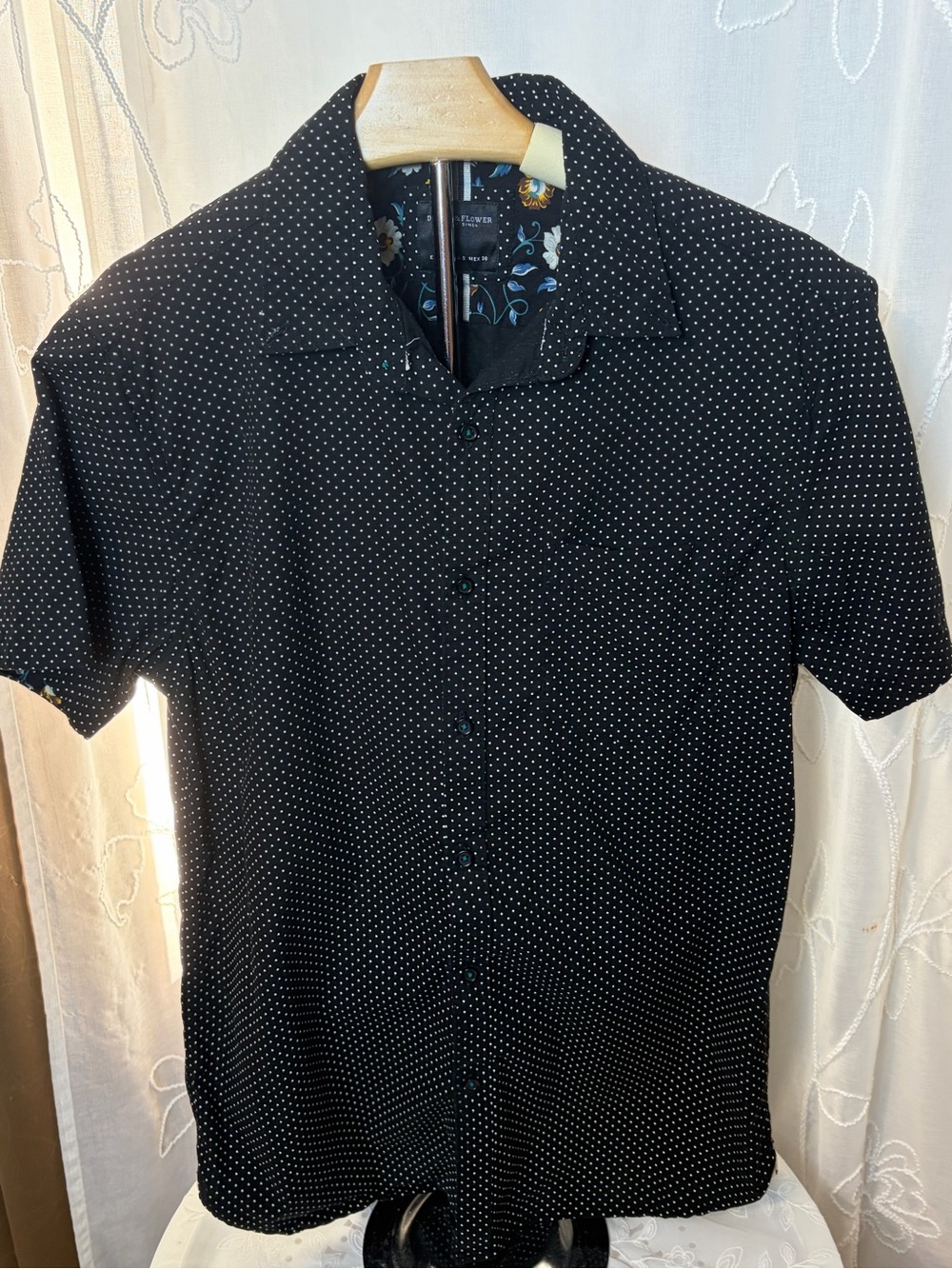 Denim & Flower Black Short-Sleeve Button-Up with White Micro Dots